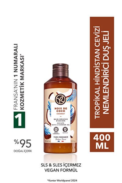 Yves Rocher Duş Jeli - Nemlendirici Tropikal Hindistan Cevizi -SLS,SLES İçermez,Vegan-400ml