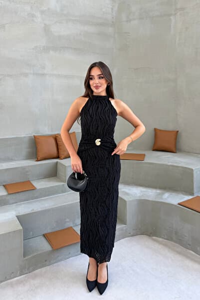 Nika Fashion Kadın Flok Baskı Boyundan Bağlamalı Sim Detay Maxi Boy Elbise