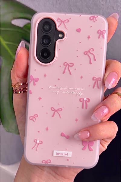 Rivor Samsung Galaxy A27 Uyumlu Kılıf Pembe 3D Kurdeleli Fiyonk Desenli Kamera Çıkıntılı Silikon Kapak