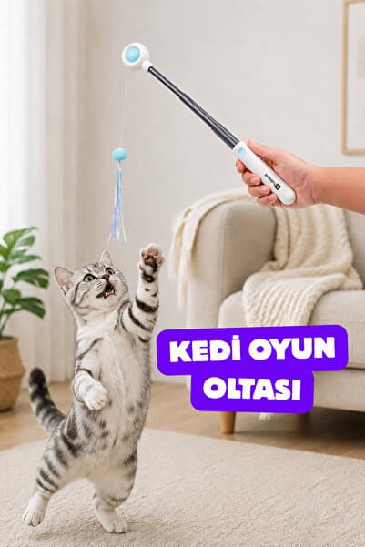 Hubspet Kedi Oyun Oltası | Teleskopik Uzayan Çubuk, İp, 2 Farklı Yedek Başlıklı Oyuncak (Mavi-H150)