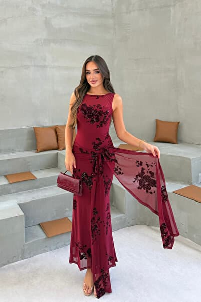 mielva Kadın Bordo Sim İşlemeli Tül Belden Bağlamalı Kolsuz Uzun Abiye Elbise