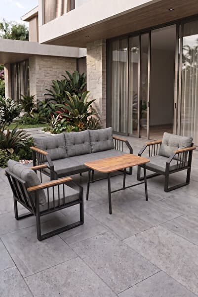 Canisa Lavin Serisi 1.Sınıf 3+1+1 Bahçe Balkon Oturma Grubu Siyah Metal İskelet Gri Minderli Orta Sehpalı
