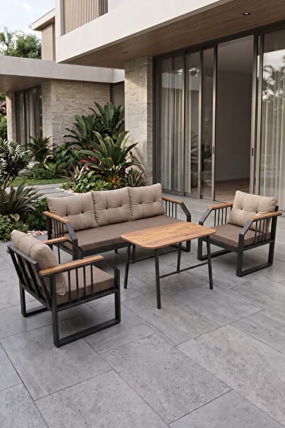 Canisa Lavin Serisi 1.Sınıf 3+1+1 Bahçe Balkon Oturma Grubu Siyah Metal İskelet Cappucino Minderli Orta Sehpalı