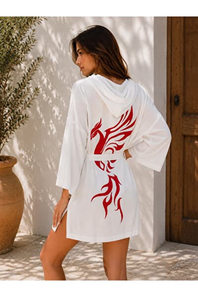 Home Kadın Leopar Baskılı Kapüşonlu Plaj Elbisesi Pareo Kimono Beyaz (Anka Kuşu)