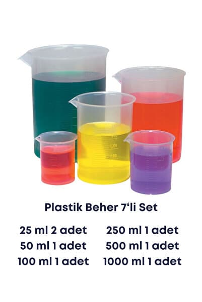Mr. Crowley Plastik Beher 7'li Set 2 adet 25ml 1'er adet, 50, 100, 250, 500, 1000 ml Kabartma Skala