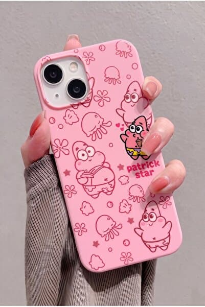 KVK PRİVACY iPhone 13 / 14 / 15 Uyumlu Patrick Star Desenli Pembe Soft Touch Silikon Telefon Kılıfı
