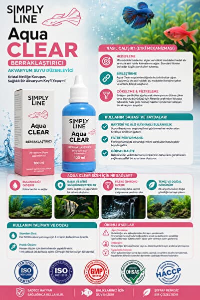 simply line Aqua clear Akvaryum Suyu Berraklaştırıcı - Etkili Hızlı Çözüm (Bakteri, Alg ve Bulanıklık Giderici)