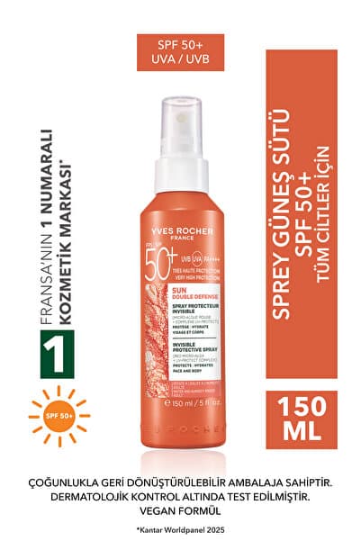 Yves Rocher Yüz & Vücut Güneş Spreyi - SPF 50+ / Sun Double Defense - Kırmızı Mikro Alg 150ML