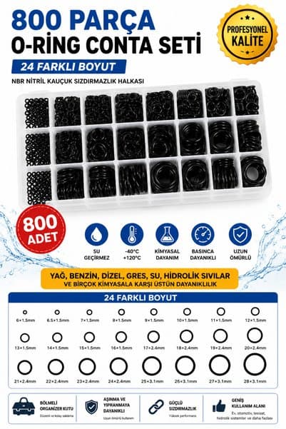 TrendDeco 800 Parça O-Ring Conta Seti 24 Farklı Boyut NBR Nitril Kauçuk Sızdırmazlık Halkası Organizer Kutulu