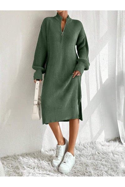 S.ÇLK Kadın Yarım Fermuarlı Dik Yaka Oversize Uzun Kollu Midi Triko Elbise