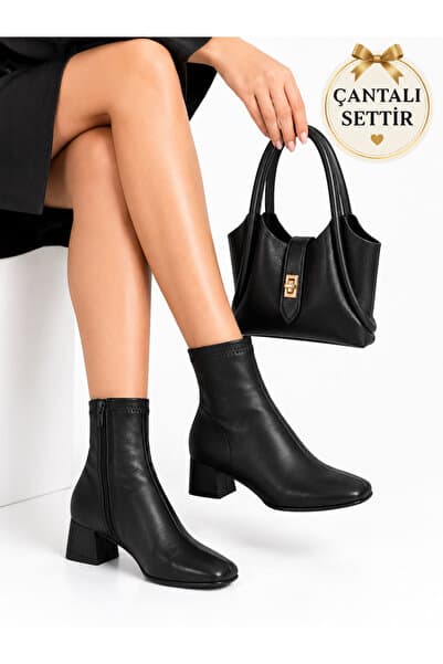 CRAFT MODA Kadın Streç Bot ve Çanta Seti Kare Burun Fermuarlı Günlük Şık Bilek Bot ( BÜYÜK VE KÜÇÜK NUMARA SEÇENEKLİ ( 34-42)