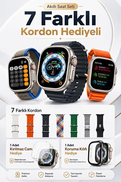 Happy Owl Akıllı Saat 7 Farklı Kordon Hediyeli Kırılmaz Cam ve Koruma Kılıflı Aktivite Takipli Spor Smart Watch