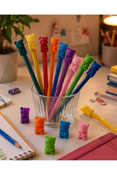 Middles&Niddles Collection 10’lu Ayıcık Kurşun Kalem Üstü Aksesuar Seti – Karışık Renkli Sevimli Kalem Süsü ve Kalem Başlığı