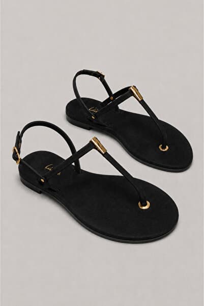Ülkü Yaman Collection Kadın Parmak Arası Gold Detaylı Siyah Süet Günlük Sandalet 35-42 Numara