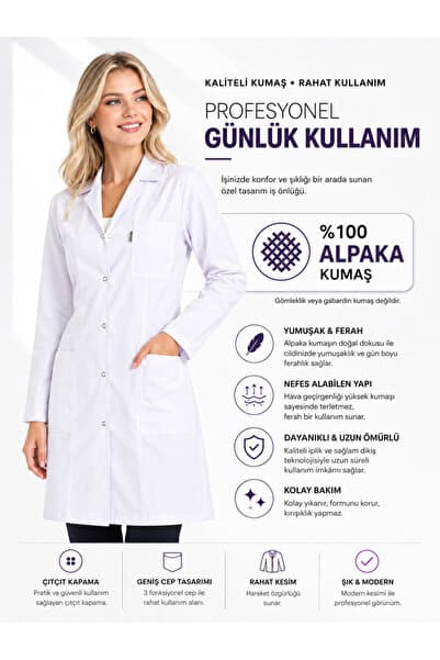 KARACANLAR Beyaz Doktor Eczacı Öğretmen Önlüğü, Uzun Boy(90 cm), Düz yaka,