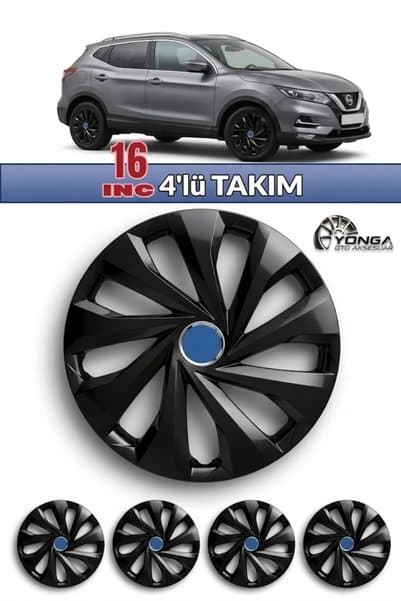 YONGA OTO AKSESUAR NİSSAN QASHQAİ 16 İnç Kırılmaz Jant Kapağı 4 Adet Piano Black + 4 Amblem + 8 Cırt Kelepçe