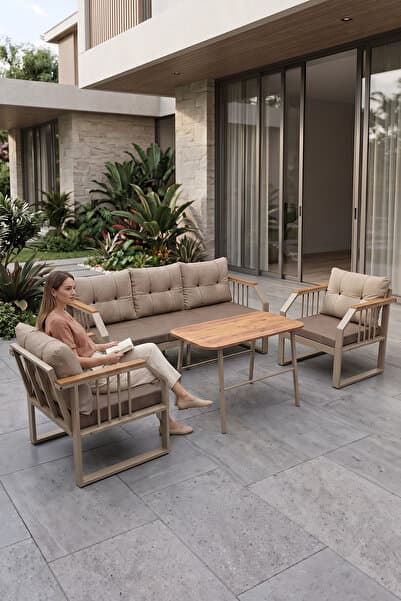 Canisa Lavin Serisi 1.Sınıf 3+1+1 Bahçe Balkon Oturma Grubu Cappucino Metal İskelet Cappucino Minderli Orta Sehpalı