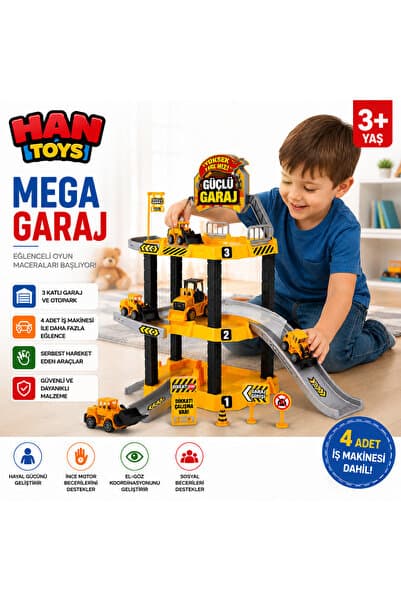 Han toys 3 Katlı Rampalı Otopark Seti 4 İş Makineli 3+ Yaş