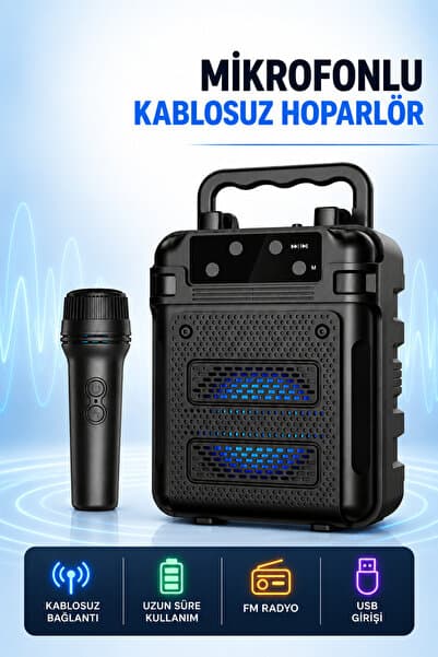 Abbruch Mikrofonlu Kablosuz Hoparlör Bluetooth Taşınabilir FM Radyo USB Girişli Karaoke Hoparlörü
