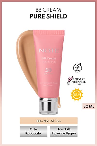 Note Cosmetics BB Cream Pure Shield SPF 50+ PA++++ Hyalüronik Asit ve Seramid İçerikli BB Krem - 30 Orta Koyu