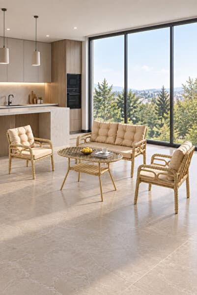 Evdemo Rio Rattan Bahçe Balkon Oturma Takımı 2+1+1+Camlı Masa Cappuccino