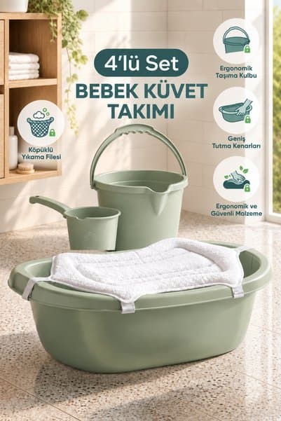 Wumboo 4'lü Bebek Banyo Seti - Köpüklü File Hediyeli 40 Litre Bebek Yıkama Küveti-Su Kovası-Maşrapa-Yeşil