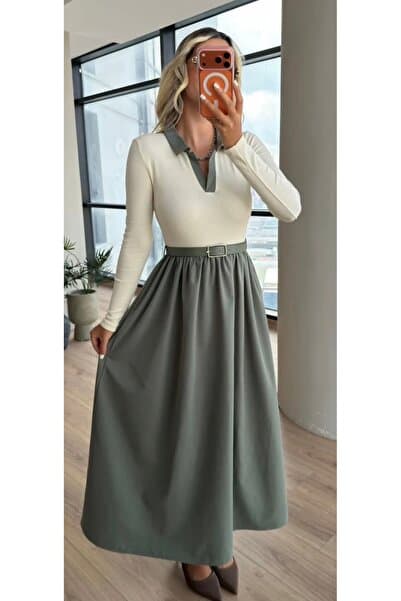 talyambutik Kadın Yeni Sezon Uzun Kollu Polo Yaka Kemer Detaylı Elbise
