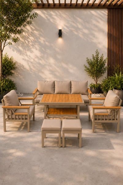 asaella mobilya Sole Serisi Balkon Takımı, 3-1-1 Cappuccino Bahçe Takımı, (3'lü Koltuk 70x180, 2 Tekli Koltuk 70x70, Masa 70x110, 2 puf)