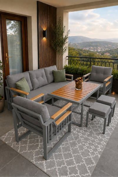asaella mobilya Esinti Serisi Balkon Takımı, 3-1-1 Gri Bahçe Takımı, (3'lü Koltuk 70x180, 2 Tekli Koltuk 70x70, Masa 70x110, 2 puf)