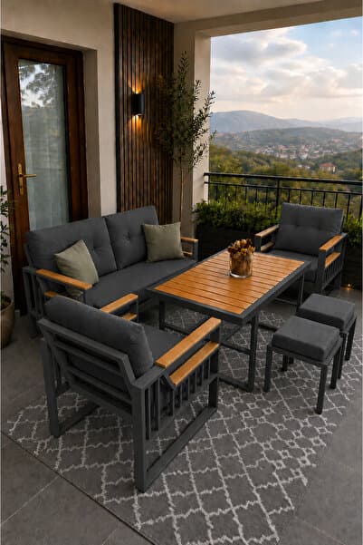 asaella mobilya Esinti Serisi Balkon Takımı, 2-1-1 Antrasit Bahçe Takımı, (2'li Koltuk 70x150, 2 Tekli Koltuk 70x70, Masa 70x110, 2 puf)