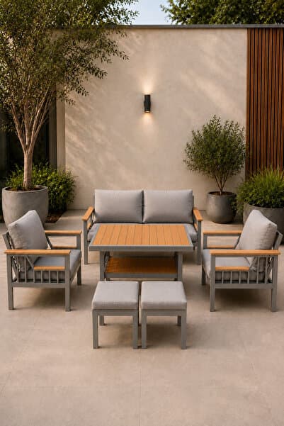 asaella mobilya Sole Serisi Balkon Takımı, 2-1-1 Gri Bahçe Takımı, (2'li Koltuk 70x150, 2 Tekli Koltuk 70x70, Masa 70x110, 2 puf)