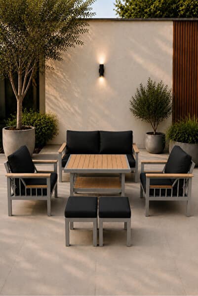 asaella mobilya Sole Serisi Balkon Takımı, 2-1-1 Gri Bahçe Takımı, (2'li Koltuk 70x150, 2 Tekli Koltuk 70x70, Masa 70x110, 2 puf)