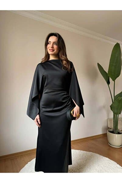 Bellucia Saten Pelerin Kol Drapeli Maksi Abiye Elbise