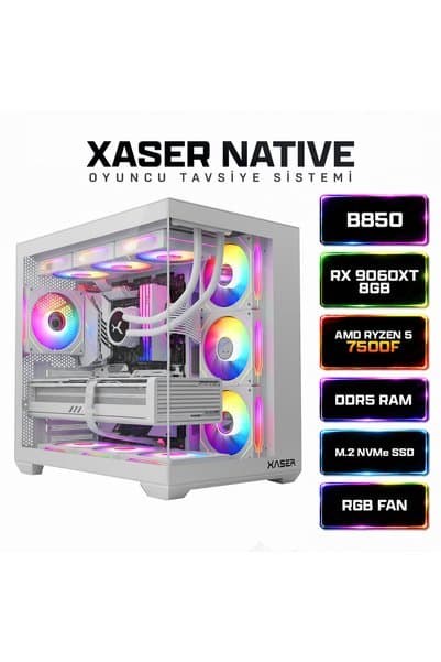 Xaser Native X100 Ryzen 5 7500F 16GB Ram 1TB M.2 NVMe SSD 8GB RX9060XT Sıvı Soğutmalı Hazır Sistem Oyuncu Bilgisayarı