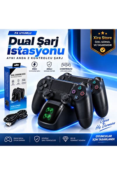 XİRA LED Göstergeli Çiftli Ps 4 Dualshock Joystick Oyun Kolu 2li Şarj Standı İstasyonu PS4 Pro PS4 Slim