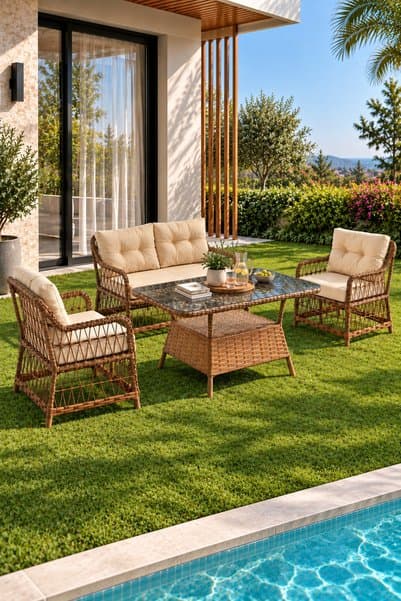 Evdemo Breda Rattan Örgü Bahçe Balkon Takımı 2+1+1 Cam Masalı Kahve