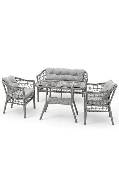 Alle Garden Mini Çay Seti 4 Kişilik AÇIK Örgü Rattan Balkon Takımı Masalı Bahçe Teras Veranda Oturma Grubu