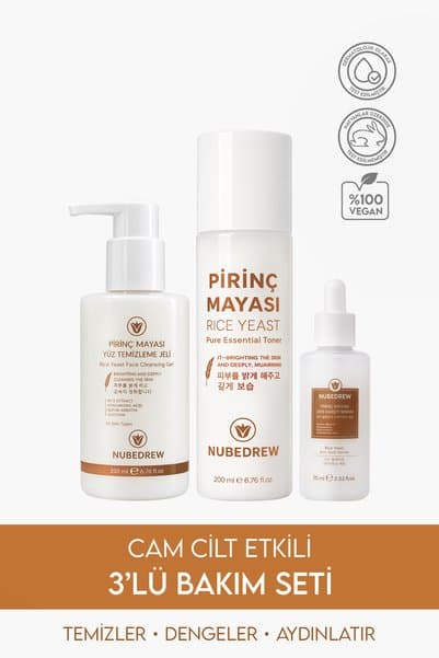 NUBEDREW K-Beauty Cam Cilt Bakım Seti 3'lü – Pirinç Mayası Tonik + Leke Karşıtı Serum + Yüz Temizleme Jeli