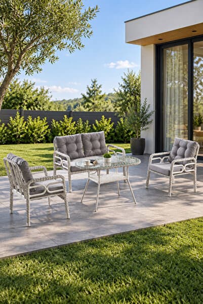 Evdemo Rio Rattan Bahçe Balkon Oturma Takımı 2+1+1+Camlı Masa Kemik Rengi