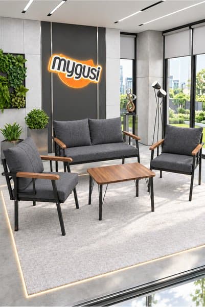 Mygusi Erva Serisi Balkon, Bahçe, Cafe - Metal Kanepe Koltuk Takımı - 211 40*70 Sehpalı - Koyu gri