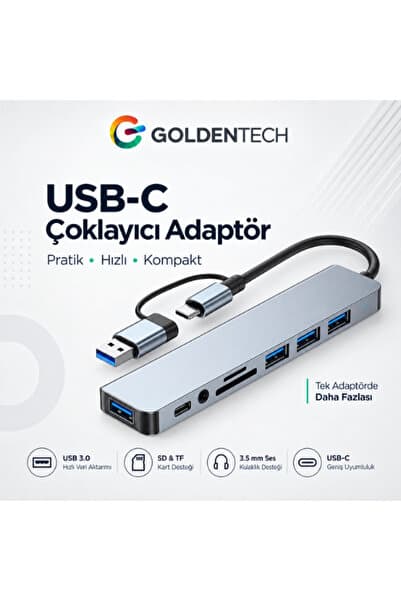 Golden Tech 8 in 2 Port Hub Usb 2.0/3.0 Çoğaltıcı Çoklayıcı Type c Audio 3.5 Tf Sd