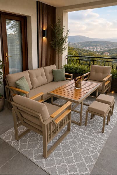 asaella mobilya Esinti Serisi Balkon Takımı, 3-1-1 Cappuccino Bahçe Takımı, (3'lü Koltuk 70x180, 2 Tekli Koltuk 70x70, Masa 70x110, 2 puf)