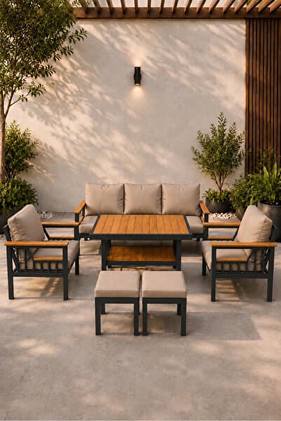 asaella mobilya Sole Serisi Balkon Takımı, 3-1-1 Antrasit Bahçe Takımı, (3'lü Koltuk 70x180, 2 Tekli Koltuk 70x70, Masa 70x110, 2 puf)
