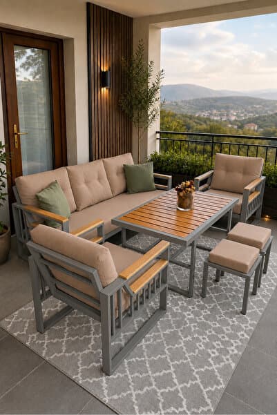 asaella mobilya Esinti Serisi Balkon Takımı, 3-1-1 Gri Bahçe Takımı, (3'lü Koltuk 70x180, 2 Tekli Koltuk 70x70, Masa 70x110, 2 puf)