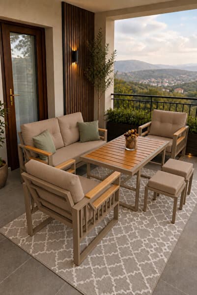 asaella mobilya Esinti Serisi Balkon Takımı, 2-1-1 Cappuccino Bahçe Takımı, (2'li Koltuk 70x150, 2 Tekli Koltuk 70x70, Masa 70x110, 2 puf)