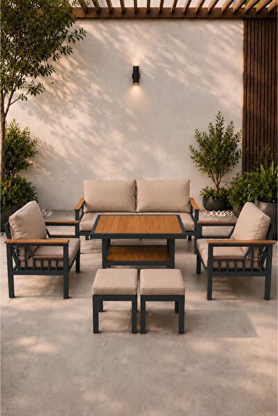 asaella mobilya Sole Serisi Balkon Takımı, 2-1-1Antrasit Bahçe Takımı, (2'li Koltuk 70x150, 2 Tekli Koltuk 70x70, Masa 70x110, 2 puf)