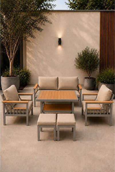 asaella mobilya Sole Serisi Balkon Takımı, 2-1-1 Gri Bahçe Takımı, (2'li Koltuk 70x150, 2 Tekli Koltuk 70x70, Masa 70x110, 2 puf)