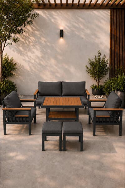 asaella mobilya Sole Serisi Balkon Takımı, 2-1-1Antrasit Bahçe Takımı, (2'li Koltuk 70x150, 2 Tekli Koltuk 70x70, Masa 70x110, 2 puf)