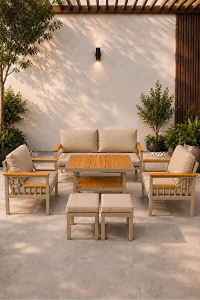 asaella mobilya Sole Serisi Balkon Takımı, 2-1-1 Cappuccino Bahçe Takımı, (2'li Koltuk 70x150, 2 Tekli Koltuk 70x70, Masa 70x110, 2 puf)