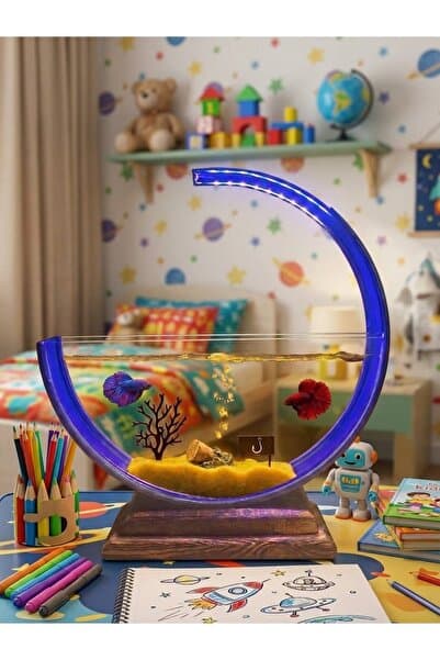 Heryerden Aquarium Ahşap Tabanlı Akvaryum LED Işıklı Genç ve Çocuk Odasına Özel Beta Fanus Hava Taşlı Kum Hediyeli Mavi Renk